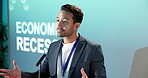 Man, presentation and speaking in conference with advice, projector and explain recession of economy. Economist, person and talk in seminar with inflation issue, financial crisis and impact on GDP.