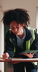Architect, tablet and blueprint for construction site, inspection check or renovation assessment. Woman, tech and online checklist for remodeling, floor plan and notes for property development