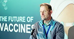 Business, man and talking at seminar with mic, speech and coaching event for future of vaccine. Person, podium and audience at conference for presentation, medical innovation and ai drug discovery