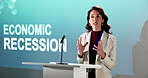 Woman, seminar or podium with speech for economic recession, financial crisis or price inflation. Female person, speaker or awareness campaign with presentation for global trading block or decline