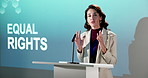 Woman, seminar and podium with speech for human rights, equality or government campaign launch. Female person, speaker or activist talking with presentation for legal business structure or fairness