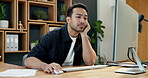Bored, businessman and lazy day with computer for fatigue, burnout or tiredness in office. Exhausted, man or employee with insomnia or technology for business deadline or procrastination in workplace