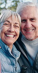 Love, face or senior couple outdoor with smile, partner trust or bonding together in connection. Support, laugh or old people in park with loyalty, happy moment or romantic relationship in retirement