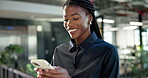 Laugh, texting or black woman in agency with phone, online communication or comic post on chat app. Happy, digital and employee in office with tech, funny message and business meme on social media.