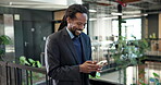 Laugh, texting or black man in office with phone, online communication or comic post on chat app. Happy, digital and employee in agency with tech, funny message and business meme on social media.