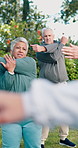 Senior, people and instructor at park for stretching, functional fitness or low impact exercise. Pensioner, class or guided warm up with coach outdoor for healthy aging, wellness or active retirement
