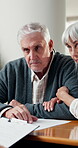 Meeting, agent or old couple with papers in home for medicare options, long term care or help. Listen, senior people and insurance broker with clipboard for plan cost review, explain policy or advice