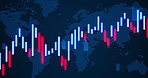 Chart, arrow and global map with line for statistics, financial insight and info for economic growth. Ui, infographic and screen for profit increase, decrease and finance analytics for business