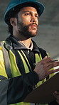 Man, thinking and construction worker with clipboard on site for planning on maintenance or repair. Checklist, documents and civil engineer with ideas for property development, renovation or building