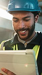 Thinking, happy and construction worker with tablet on site outdoor for email update on building. Digital technology, man and civil engineer with idea on property development, renovation or repairs.