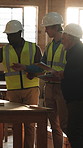 Carpenter, men and talk in workshop with clipboard, plan furniture design and project with timber. Manager, carpentry team and discussion in factory with checklist, wood restoration or manufacturing.