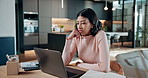 Thinking, laptop and businesswoman in office with research for finance report with investment plan. Planning, technology and financial manager with computer for feedback on revenue growth at agency.