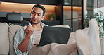 Credit card, laptop and man on sofa for online shopping, ecommerce purchase and digital banking. Happy, home and person on computer with debit info for subscription, payment and website store sale
