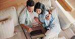 Laptop, hug and people on sofa in home with bonding, connection and affection in marriage together. Couple, computer and woman embracing man in living room for support in relationship from above.