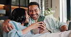 Happy, talking and couple on sofa with phone, internet and option on ecommerce website on weekend. Relax, home and man with woman on tech for connection, bonding and conversation for online shopping