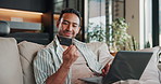 Credit card, happy and man on laptop for online shopping, ecommerce purchase and digital banking. Sofa, home and person on computer with debit info for subscription, payment and website store sale