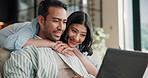 Laptop, smile and couple on sofa in home with bonding, connection and affection in marriage together. Hug, computer and woman embracing man in living room for support in relationship in apartment.