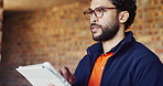 Man, architect or inspection with tablet on construction site for building plan, security or safety. Male person, contractor or civil engineer with technology for infrastructure, design or layout