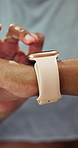 Hands, woman and touch with smart watch for fitness, timer and monitor heart rate for exercise. Athlete, person and runner with wristwatch for tracking speed, progress performance and sports results