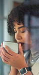 Business, woman and smell in office with coffee, start day and daydreaming for real estate. Thinking, realtor and aroma in workplace with drink, caffeine fragrance and reflection for property auction