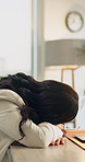 Tired, woman and sleeping on desk in office for fatigue, burnout or business break in workplace. Exhausted, lazy or bored female person resting with nap on table for snooze or unproductive day