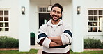 Property, face or happy man in front yard with arms crossed, fresh start or investment in dream home. Real estate, smile or person with portrait, housing achievement or confidence as new homeowner.