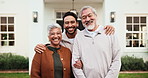 Smile, man and senior parents by new house for real estate achievement, love and hug for care. Face, elderly father and mother with adult son outdoor, property investment and happy family embrace