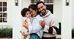 Face, parents and baby at house with smile, connection and nurturing daughter for bonding together. Portrait, people and affection outdoor with infant, newest member and happiness for weekend break