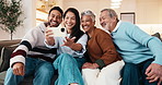 Selfie, family and relax in home for photography, weekend picture or bonding together on sofa. People, adult son or daughter with senior man and woman for capture moment, visit or memory in house