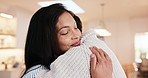 Happy, couple and hug in living room with love, commitment and relationship with soulmate connection. People, dating and embrace in home with affection, appreciation and loyalty to romantic partner.