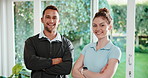 Physio, team and face with arms crossed at work for rehabilitation, injury recovery or orthopedic. Happy, people and chiropractor at private practice with laugh, physical therapy or medical service