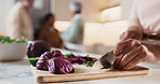 Mom, hands or meal prep with vegetables in kitchen for cutting, hospitality or cooking food in home. Mother, natural recipe or slicing garnish for health diet, salad cuisine or family dinner in house