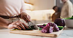 Mom, hands or cutting with vegetables in kitchen for meal prep, hospitality or cooking food in home. Mother, natural recipe or slicing garnish for healthy diet, salad cuisine or dinner preparation