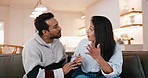 Couple, fight and argument with conflict on sofa for home disagreement, confrontation or break up. Frustrated, man and woman with anger for separation, toxic relationship or cheating affair in house