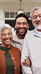 New home, face and man with senior parents for support with retirement house, moving and property. Happy, portrait and person with mom, dad and laugh for relocation, real estate purchase and mortgage