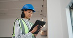 Construction site, engineering and woman with tablet for inspection, renovation and schedule. Person, architecture and employee with urban development, online connection and tech for building plan