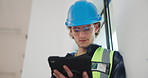 Construction site, glasses and man with tablet for inspection, renovation and schedule. Engineer person, architecture and employee with urban development, online connection and tech for building plan