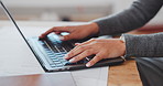 Hands, woman and architect in office with laptop, research and permit application for architecture. Person, typing and blueprint in workplace with pc, client proposal and cost survey for development