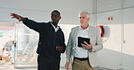 Inspection, tablet or men on site for safety, regulation feedback or review of building renovation. Checklist, pointing or engineers with tech, progress track or code compliance in remodeling project