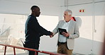 Businessman, architect or handshake with tablet for construction, building inspection or agreement. Male people, contractor or shaking hands with foreman for partnership, maintenance or deal together