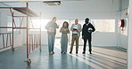 Collaboration, inspection and construction workers on site for planning repairs or building. Scaffolding, talking and civil engineers with contractor for property development or renovation by flare.