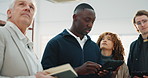 Engineering, team and meeting on construction site with tablet, renovation and property development. Engineer, people and discussion in building with tech, research or insight for remodeling project.