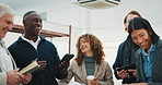 Architecture, team and laugh in building with meeting, collaboration and funny idea for construction. Happy, people or architect group on job site with joke, diversity or planning renovation project.