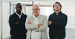 Contractors, face or team on site with arms crossed, industrial group or about us as engineers. Serious, men or architects with confidence, solidarity or diverse staff in infrastructure development.