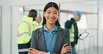 Arms crossed, face and woman with smile for construction, building renovation or site visit. Laugh, client representative or confident for commercial remodeling, project lead or property development