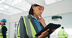 Woman, architect and thinking with tablet in building for construction plan, design or strategy. Thoughtful, female person or civil engineer with technology or lens flare for architecture development