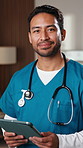 Face, nurse and man with tablet in clinic for research, digital app and telehealth test results. Happy person, medical service or professional in hospital with tech, portrait and healthcare schedule