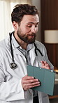 Nurse, doctor and discussion with tablet in clinic for research, digital app or test results. People, medical service and teamwork in hospital with tech, decision and healthcare schedule conversation
