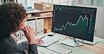Trader, thinking and man with computer screen in office, data analysis and investment review on web. Trading, online and person with tech, reflection and monitoring stock mark or graphs in business