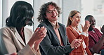 Success, smile or crowd at seminar with clap, achievement or celebration for business growth. Happy, people or employees at event with good news, group applause or motivation for company milestone.